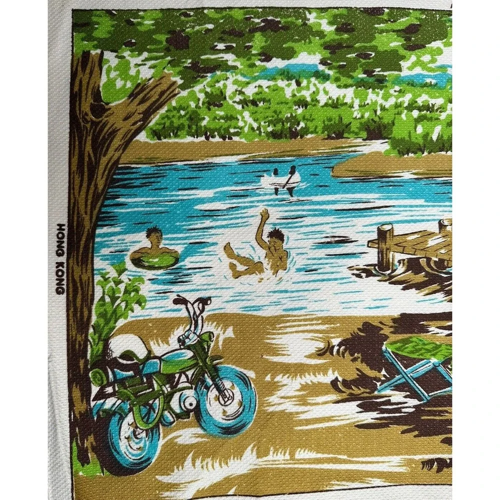 Vtg IDEAL‎ Dish Tea Towel Camping Fishing Swimming Motorcycle Oudoors Tapestry